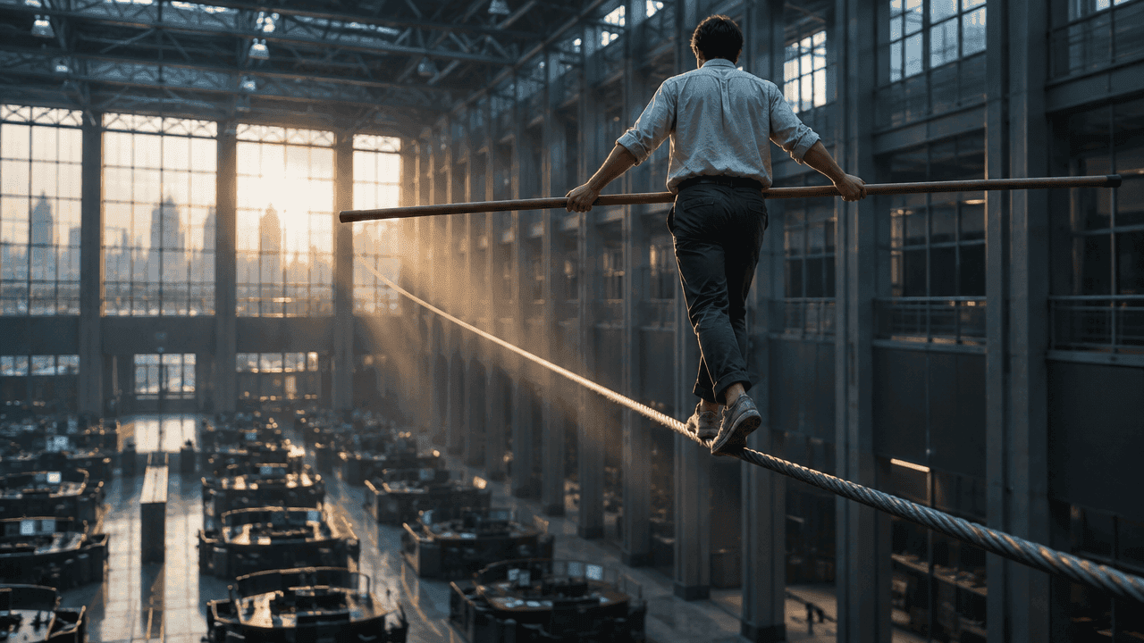 A tightrope walker crossing above a trading floor, balance pole steady — the challenge trader's real problem