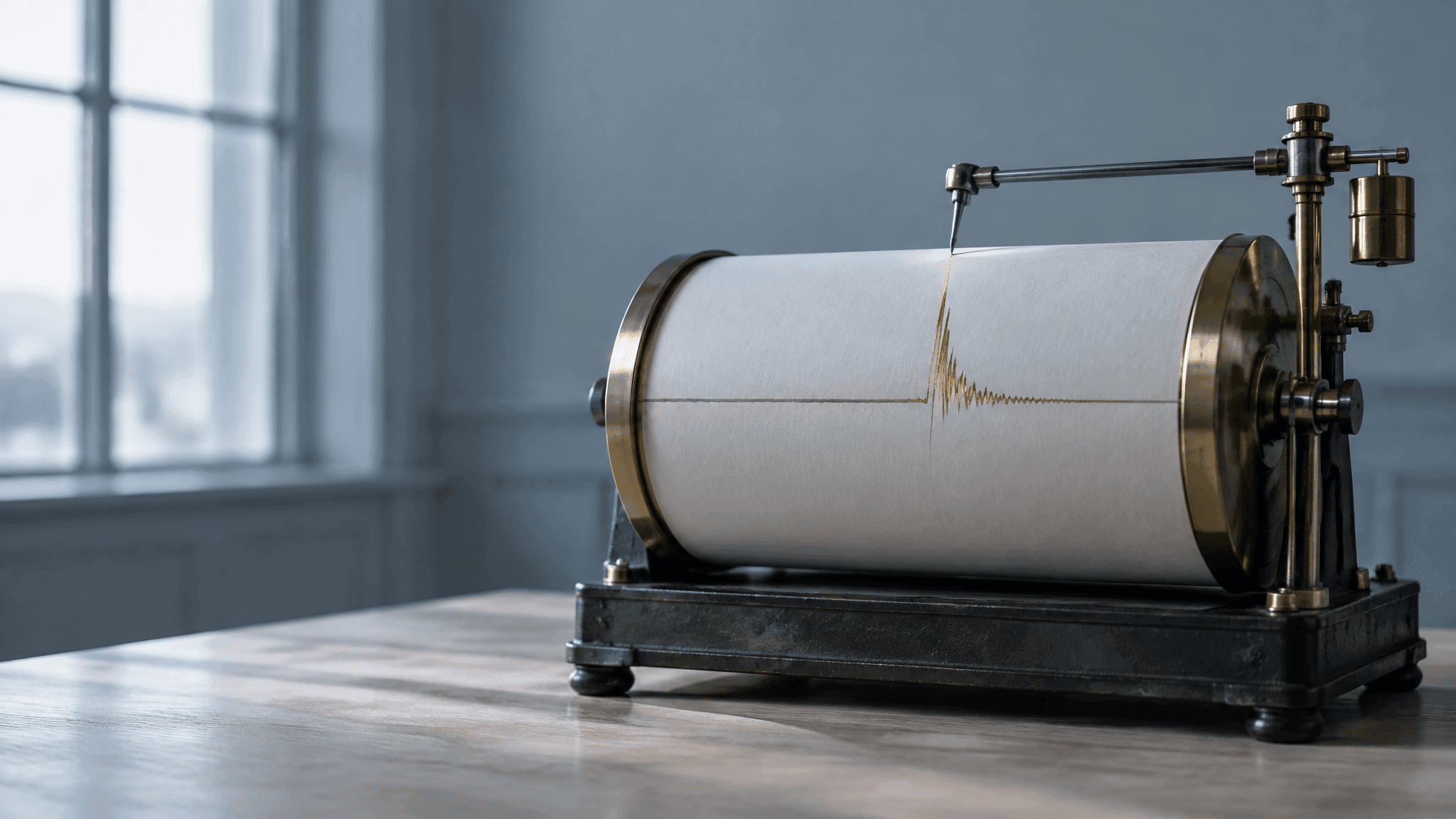 An antique brass seismograph on a pale oak table, its stylus caught at the peak of a single sharp gold ink spike on a slowly turning paper drum