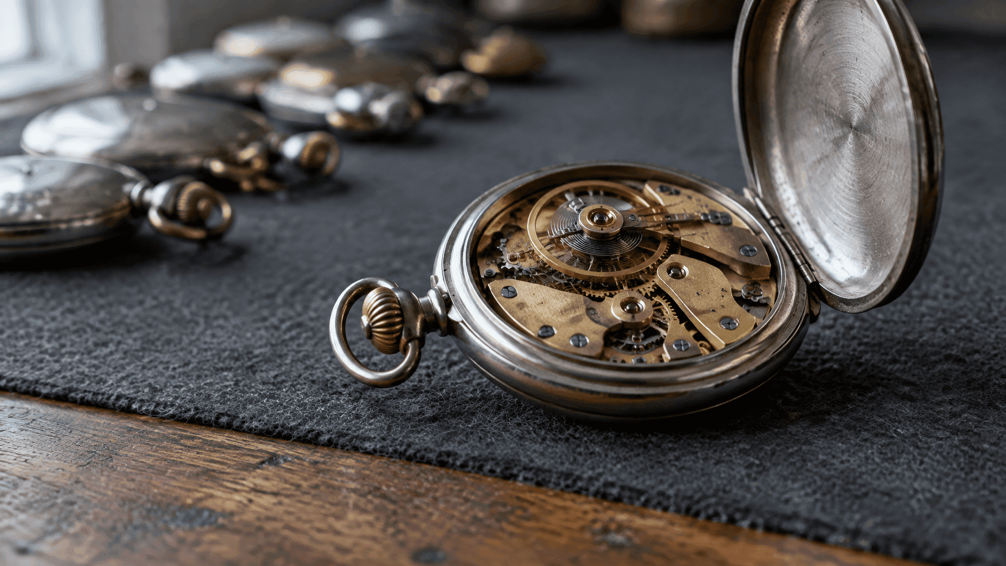 An antique pocket watch lying open on a watchmaker’s bench, its brass movement exposed and in sharp focus, with a row of closed watches blurred behind it