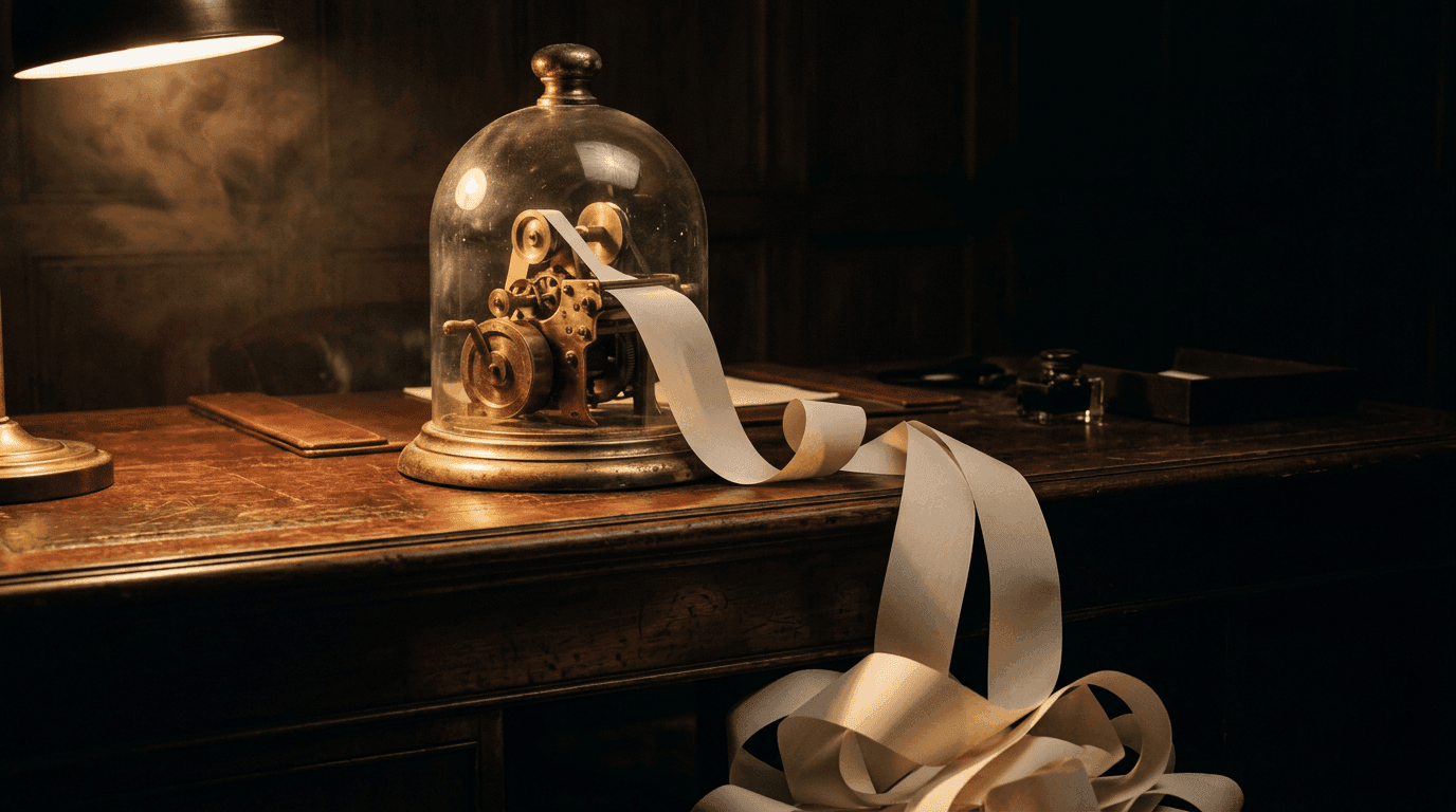 A vintage ticker-tape machine under a glass dome, tape spilling out in a dark study — the original trading alert