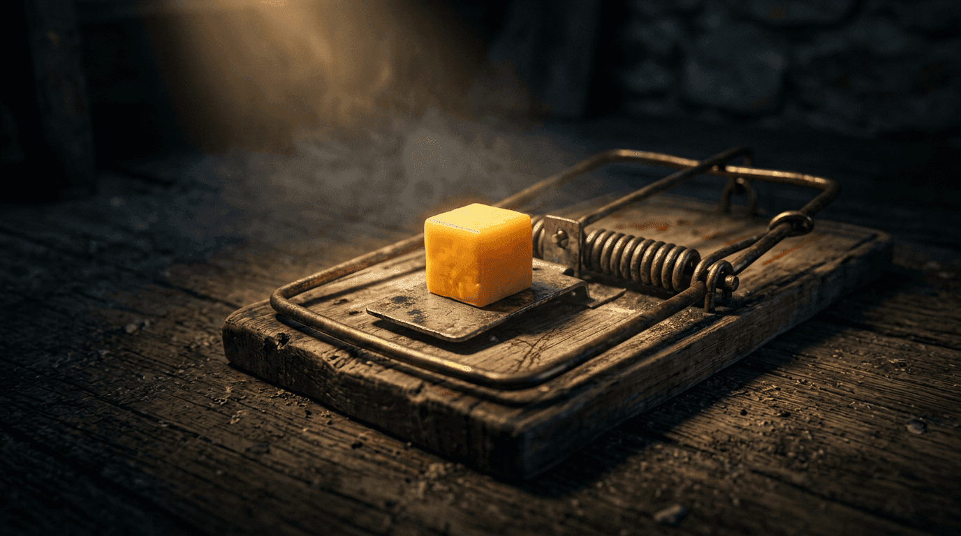 A pristine piece of cheese offered on a worn mousetrap — how free forex signals are usually priced